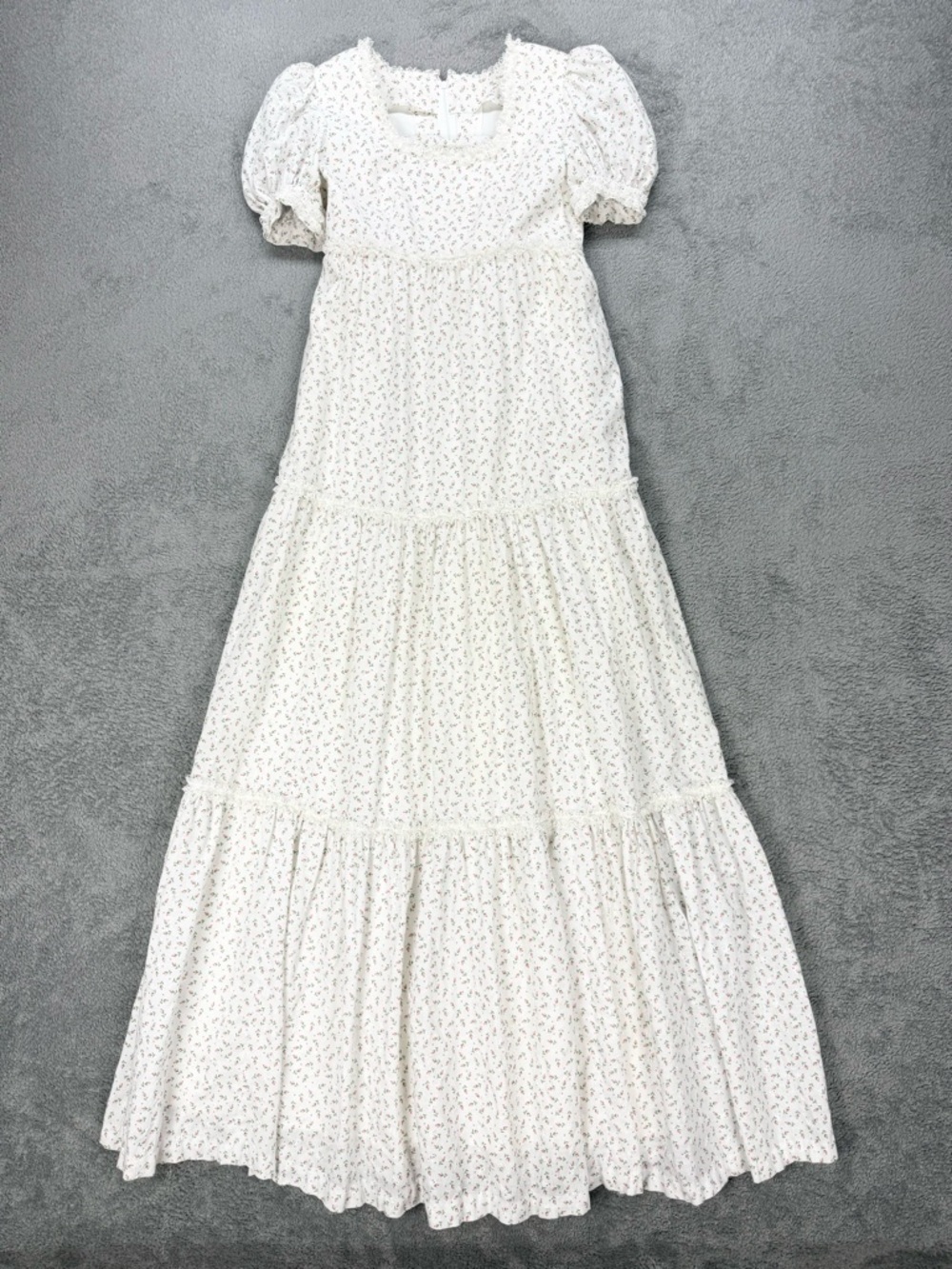 Vintage Cotton Prairie Floral Maxi Dress with Eyelet Detail and Puff Sleeves